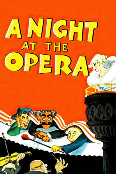Vibrant poster for the 1935 classic A Night at the Opera, featuring three animated characters near an orchestra and a figure in a balcony, with bold yellow title text set against a striking red background. Movie poster print available in A1 to A4 sizes.