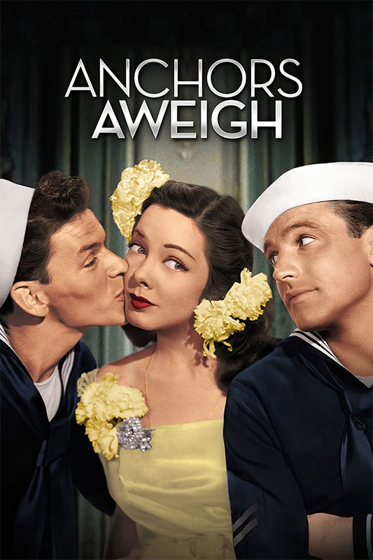 Product-Image_0000_Anchors Aweigh.jpg Three people pose in sailor uniforms; one man kisses a woman in a yellow dress while another looks away. The text Anchors Aweigh appears at the top, highlighting this classic film from the 1949 movie era. Movie poster print available in A1 to A4 sizes.
