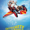 A flying vintage car from the 1968 movie Chitty Chitty Bang Bang carries four people and a child across a blue sky filled with musical notes, with the film’s title displayed below. Movie poster print available in A1 to A4 sizes.