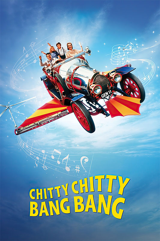 Product-Image_0000_Chitty Chitty Bang Bang.jpg A flying vintage car from the 1968 movie Chitty Chitty Bang Bang carries four people and a child across a blue sky filled with musical notes, with the film’s title displayed below. Movie poster print available in A1 to A4 sizes.
