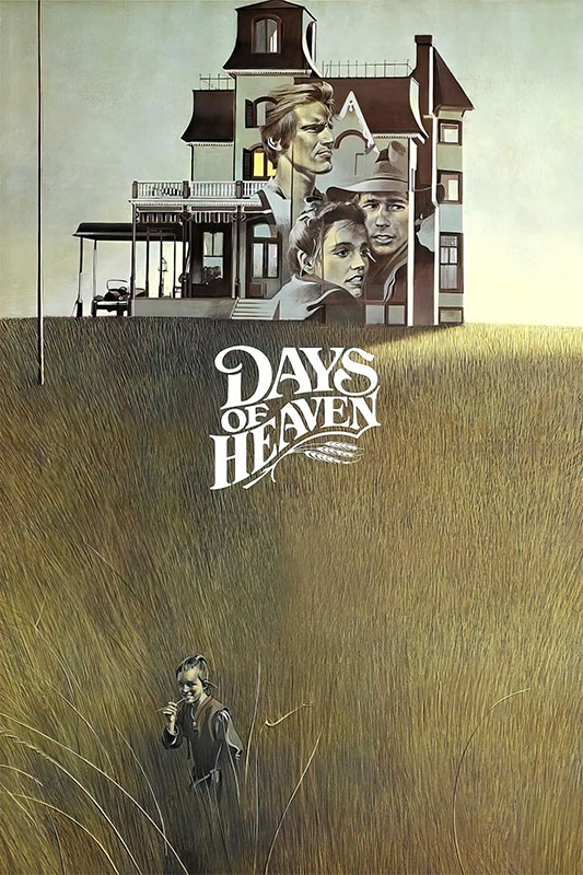 Product-Image_0000_Days of Heaven.jpg A man stands in a field of tall grass, with a large house and portraits of three people above him; the film title Days of Heaven (1978) is centered in the image. Movie poster print available in A1 to A4 sizes.