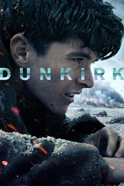 A young man with a dirt-streaked face lies on a sandy beach amid debris, with smoke and explosions in the background; the word DUNKIRK is overlaid, evoking a gripping scene from the 2017 Dunkirk movie. Movie poster print available in A1 to A4 sizes.