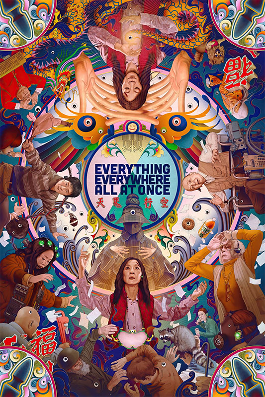 Product-Image_0000_Everything Everywhere All at Once.jpg Colourful, surreal movie poster for the 2022 movie Everything Everywhere All at Once, featuring multiple versions of characters in dynamic poses with swirling, psychedelic multiverse patterns in the background. Movie poster print available in A1 to A4 sizes.