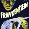 Classic horror movie poster for “Frankenstein,” featuring a large, shadowed face, a frightened woman in a white dress, and bold yellow text on a dark background from the iconic 1931 movie. Movie poster print available in A1 to A4 sizes.