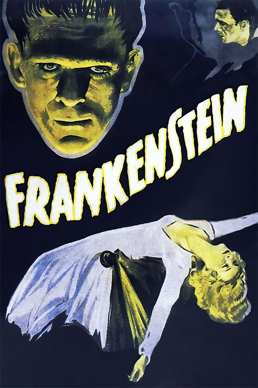 Product-Image_0000_Frankenstein.jpg Classic horror movie poster for “Frankenstein,” featuring a large, shadowed face, a frightened woman in a white dress, and bold yellow text on a dark background from the iconic 1931 movie. Movie poster print available in A1 to A4 sizes.