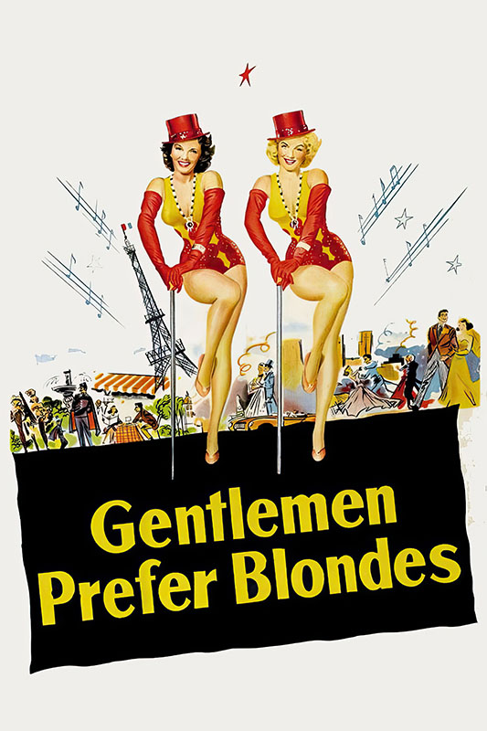 Product-Image_0000_Gentlemen Prefer Blondes.jpg Two women in red and yellow costumes and top hats pose with canes above a Gentlemen Prefer Blondes banner, referencing the iconic 1953 movie starring Marilyn Monroe, with an illustrated city scene in the background. Movie poster print available in A1 to A4 sizes.