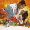 Illustrated poster for the classic movie Gone with the Wind, showing a man holding a woman in a dramatic embrace, with scenes of the Old South and fire in the background from this iconic 1939 film. Movie poster print available in A1 to A4 sizes.