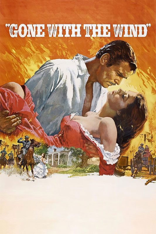 Illustrated poster for the classic movie Gone with the Wind, showing a man holding a woman in a dramatic embrace, with scenes of the Old South and fire in the background from this iconic 1939 film. Movie poster print available in A1 to A4 sizes.