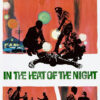 A stylized movie poster for the 1967 movie shows silhouetted figures around a man lying on the ground, with a police car and the title In the Heat of the Night below in green text. Movie poster print available in A1 to A4 sizes.