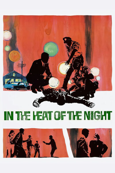 A stylized movie poster for the 1967 movie shows silhouetted figures around a man lying on the ground, with a police car and the title In the Heat of the Night below in green text. Movie poster print available in A1 to A4 sizes.