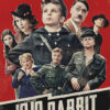 Poster for the 2019 movie Jojo Rabbit featuring the main characters in vintage military-style clothing against a red background with the movie title at the bottom. Movie poster print available in A1 to A4 sizes.