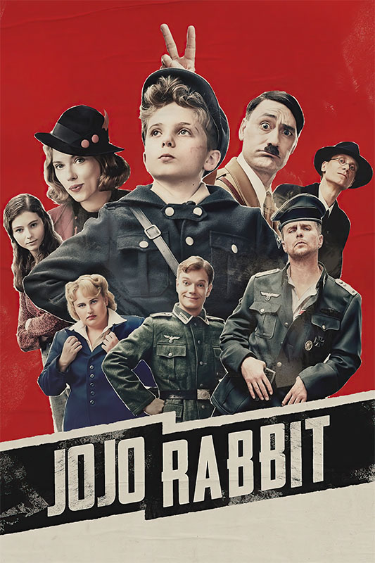 Poster for the 2019 movie Jojo Rabbit featuring the main characters in vintage military-style clothing against a red background with the movie title at the bottom. Movie poster print available in A1 to A4 sizes.
