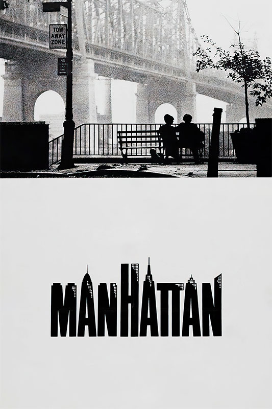 Black and white image of two people sitting on a bench near a bridge, evoking the 1979 movie Manhattan, with the word “Manhattan” in bold letters below, resembling a city skyline. Movie poster print available in A1 to A4 sizes.