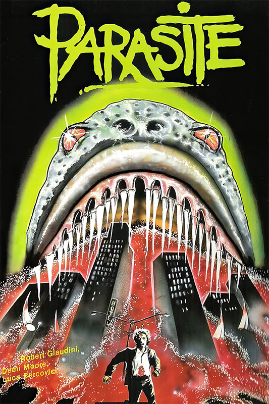 Product-Image_0000_Parasite.jpg A man stands before collapsing skyscrapers as a giant creature with sharp teeth looms above, while “Parasite” in bold green letters highlights this thrilling scene from the 1982 movie Parasite. Movie poster print available in A1 to A4 sizes.