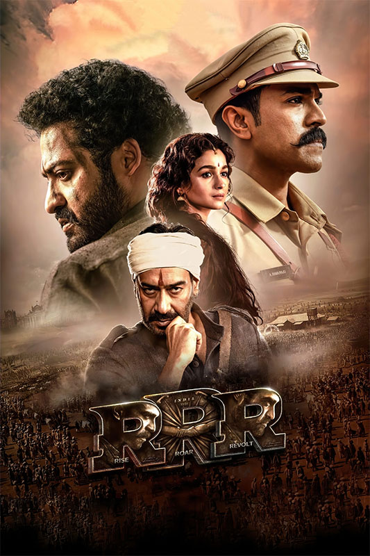 Product-Image_0000_RRR.jpg Movie poster for RRR featuring four main characters with serious expressions; one in police uniform, a woman in traditional attire, two men in dramatic poses; large crowds and the title below. Movie poster print available in A1 to A4 sizes.