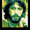 A stylized, high-contrast illustration of Serpico from the 1973 movie—a bearded man with sunglasses on his head, set against a yellow-green background, with the text Serpico below. Movie poster print available in A1 to A4 sizes.
