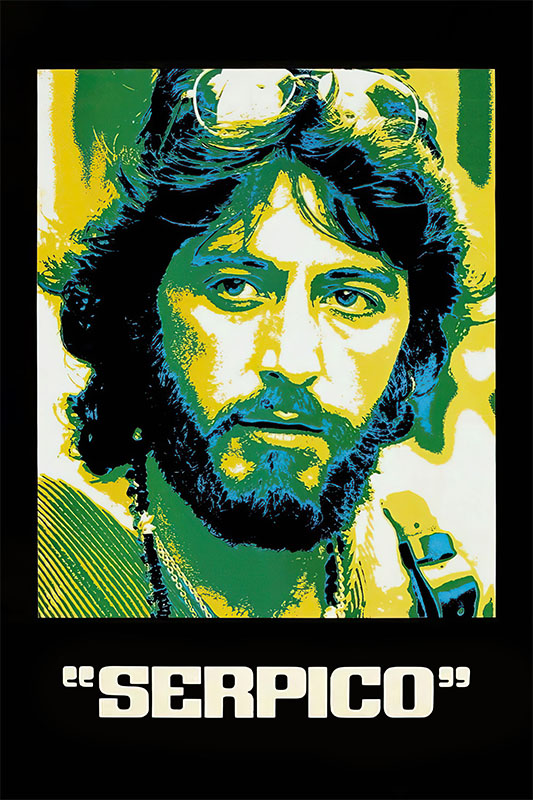 A stylized, high-contrast illustration of Serpico from the 1973 movie—a bearded man with sunglasses on his head, set against a yellow-green background, with the text Serpico below. Movie poster print available in A1 to A4 sizes.