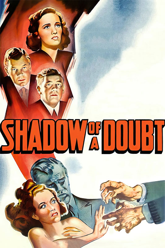 Product-Image_0000_Shadow of a Doubt.jpg Vintage 1949 movie poster for Shadow of a Doubt featuring illustrated portraits of serious-looking men and women, with bold red and black title text across the centre. Movie poster print available in A1 to A4 sizes.