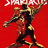 Two men sword fighting against a bright red background, with the word Spartacus in bold white letters above them, captures an iconic scene from the 1960 historical film. Movie poster print available in A1 to A4 sizes.