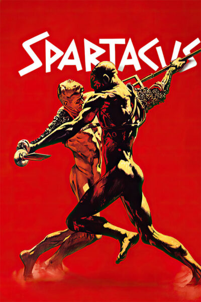 Two men sword fighting against a bright red background, with the word Spartacus in bold white letters above them, captures an iconic scene from the 1960 historical film. Movie poster print available in A1 to A4 sizes.