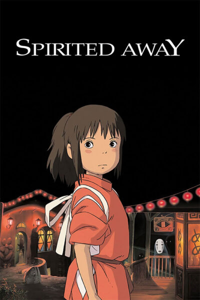 An animated girl stands in front of a lit building at night, with the text Spirited Away (2001) above her and a masked figure visible in the background. Movie poster print available in A1 to A4 sizes.
