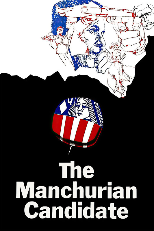 Product-Image_0000_The Manchurian Candidate.jpg Movie poster for the 1962 movie The Manchurian Candidate featuring sketched faces, one with a gun to his head, and a Queen playing card with an American flag pattern above the title. Movie poster print available in A1 to A4 sizes.