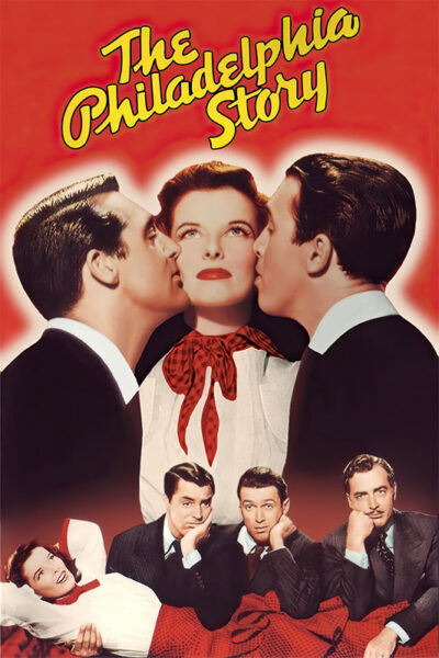 Movie poster for The Philadelphia Story (1949) featuring a woman in the centre with two men on either side; below are three men and the same woman reclining. Movie poster print available in A1 to A4 sizes.