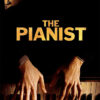 A person with a yellow armband plays a piano, with the words The Pianist (2002) displayed above their hands on the dark background. Movie poster print available in A1 to A4 sizes.