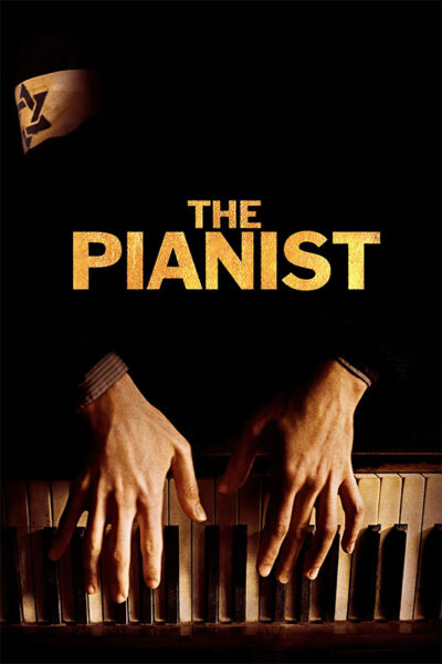 A person with a yellow armband plays a piano, with the words The Pianist (2002) displayed above their hands on the dark background. Movie poster print available in A1 to A4 sizes.