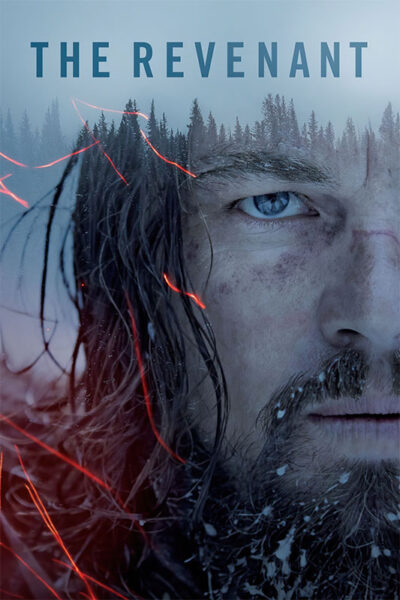Close-up of Leonardo DiCaprio’s rugged, icy face with long hair and a frostbitten beard, overlaid with forest imagery and the title The Revenant at the top from the 2015 movie. Movie poster print available in A1 to A4 sizes.