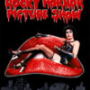 Poster for the cult classic Rocky Horror Picture Show, featuring a person in costume reclining on large red lips, with stylized red text above and dancers in the background from the iconic 1975 movie. Movie poster print available in A1 to A4 sizes.