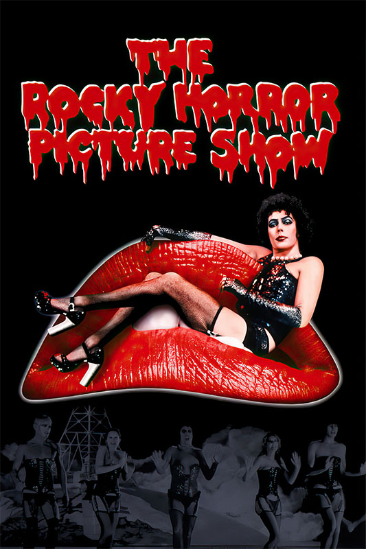 Poster for the cult classic Rocky Horror Picture Show, featuring a person in costume reclining on large red lips, with stylized red text above and dancers in the background from the iconic 1975 movie. Movie poster print available in A1 to A4 sizes.