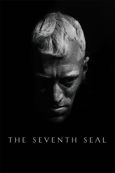 A black-and-white image from the 1957 film shows a man with light hair, half his face in shadow, with the text The Seventh Seal below his face. Movie poster print available in A1 to A4 sizes.