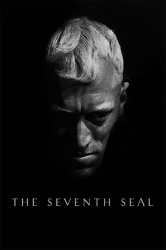 Product-Image_0000_The Seventh Seal.jpg A black-and-white image from the 1957 film shows a man with light hair, half his face in shadow, with the text The Seventh Seal below his face. Movie poster print available in A1 to A4 sizes.