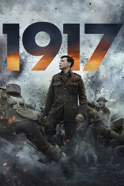A soldier stands amid chaos with other soldiers around him, in front of large 1917 text against a smoky sky, referencing the World War I film. Movie poster print available in A1 to A4 sizes.
