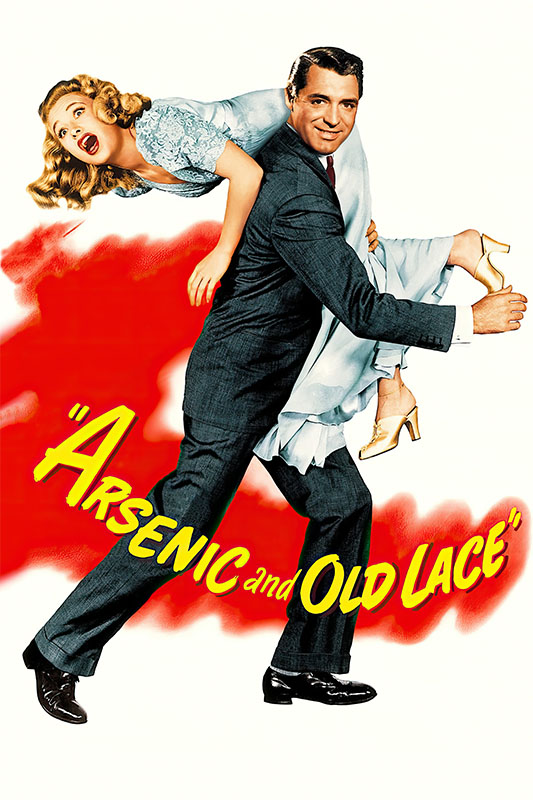 Product-Image_0001_Arsenic and Old Lace.jpg A man in a suit carries a surprised woman in a light blue dress over his shoulder; Arsenic and Old Lace (1949) is written in yellow text on a red background. Movie poster print available in A1 to A4 sizes.