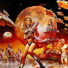A woman in futuristic armour holds a weapon on an alien planet, surrounded by spaceships, soldiers, and strange structures; the 1968 Barbarella movie title is at the top. Movie poster print available in A1 to A4 sizes.