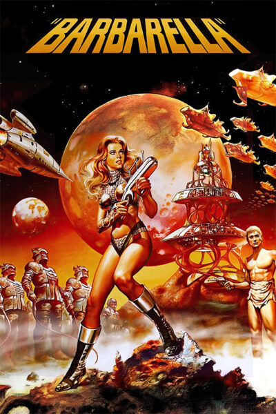 A woman in futuristic armour holds a weapon on an alien planet, surrounded by spaceships, soldiers, and strange structures; the 1968 Barbarella movie title is at the top. Movie poster print available in A1 to A4 sizes.