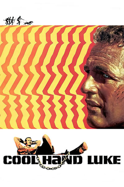 Movie poster for the 1967 movie Cool Hand Luke featuring Paul Newman’s close-up on the right, a zigzag orange-yellow background, and stylized title text with a man in chains at the bottom. Movie poster print available in A1 to A4 sizes.