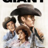 Poster for the 1956 movie Giant featuring illustrated portraits of three people in cowboy hats above an oil rig and a truck, with the title GIANT in bold black letters at the top. Movie poster print available in A1 to A4 sizes.