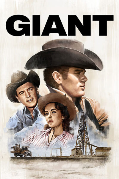 Poster for the 1956 movie Giant featuring illustrated portraits of three people in cowboy hats above an oil rig and a truck, with the title GIANT in bold black letters at the top. Movie poster print available in A1 to A4 sizes.
