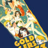 Illustrated poster for the 1933 movie Gold Diggers of 1933 features women in swimsuits surrounded by gold coins, with the musical film’s title in bold yellow text. Movie poster print available in A1 to A4 sizes.
