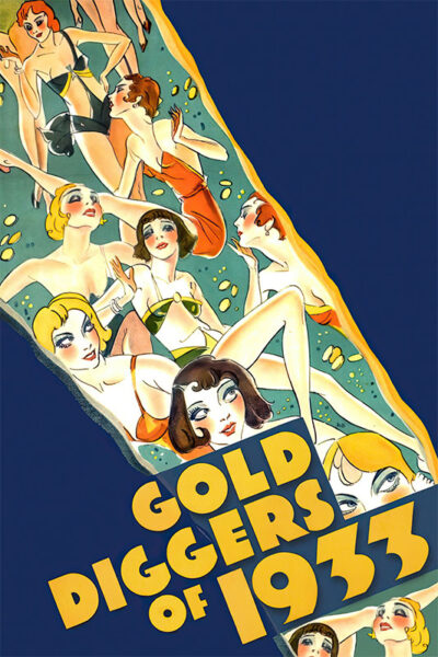 Illustrated poster for the 1933 movie Gold Diggers of 1933 features women in swimsuits surrounded by gold coins, with the musical film’s title in bold yellow text. Movie poster print available in A1 to A4 sizes.