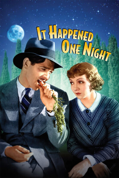 A man in a suit and hat eats a carrot while a woman in a striped blouse sits beside him; the title “It Happened One Night,” showcasing the 1934 classic film, appears above them against a night sky background. Movie poster print available in A1 to A4 sizes.