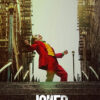 Person in a red suit and clown makeup stands on outdoor stairs with arms outstretched; JOKER is written at the bottom of the image, evoking Joaquin Phoenix’s iconic scene from the Joker 2019 movie. Movie poster print available in A1 to A4 sizes.