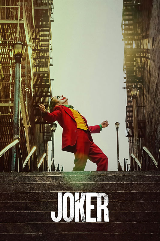 Product-Image_0001_Joker.jpg Person in a red suit and clown makeup stands on outdoor stairs with arms outstretched; JOKER is written at the bottom of the image, evoking Joaquin Phoenix’s iconic scene from the Joker 2019 movie. Movie poster print available in A1 to A4 sizes.
