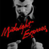 A man in a suit looks down at handcuffs on his wrists, with the red text Midnight Express written across the image, capturing a tense moment from the 1978 movie Midnight Express. Movie poster print available in A1 to A4 sizes.