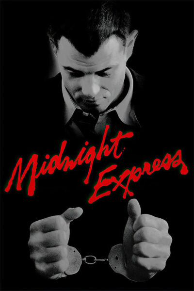 A man in a suit looks down at handcuffs on his wrists, with the red text Midnight Express written across the image, capturing a tense moment from the 1978 movie Midnight Express. Movie poster print available in A1 to A4 sizes.