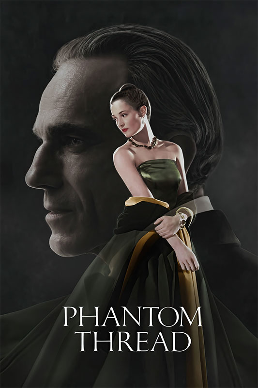 Product-Image_0001_Phantom Thread.jpg A woman in a formal dress stands before the large, shadowed profile of a man; the movie title Phantom Thread (2017) appears at the bottom. Movie poster print available in A1 to A4 sizes.