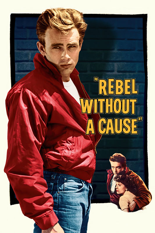 A young man in a red jacket stands in front of a brick wall with the words Rebel Without a Cause, paying tribute to James Dean’s iconic role in the 1955 movie. A small image of a young couple embracing appears in the lower right corner. Movie poster print available in A1 to A4 sizes.